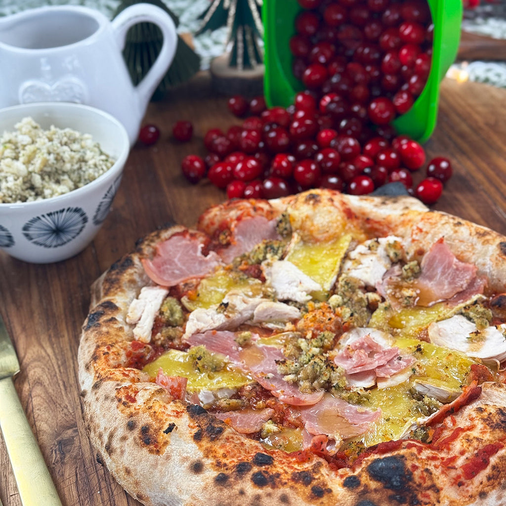 Christmas Dinner leftovers piled on a pizza