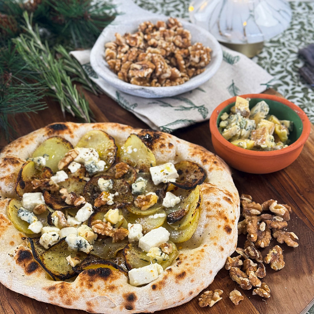 Feta & New Potato Pizza with Garlic, Rosemary & Walnuts
