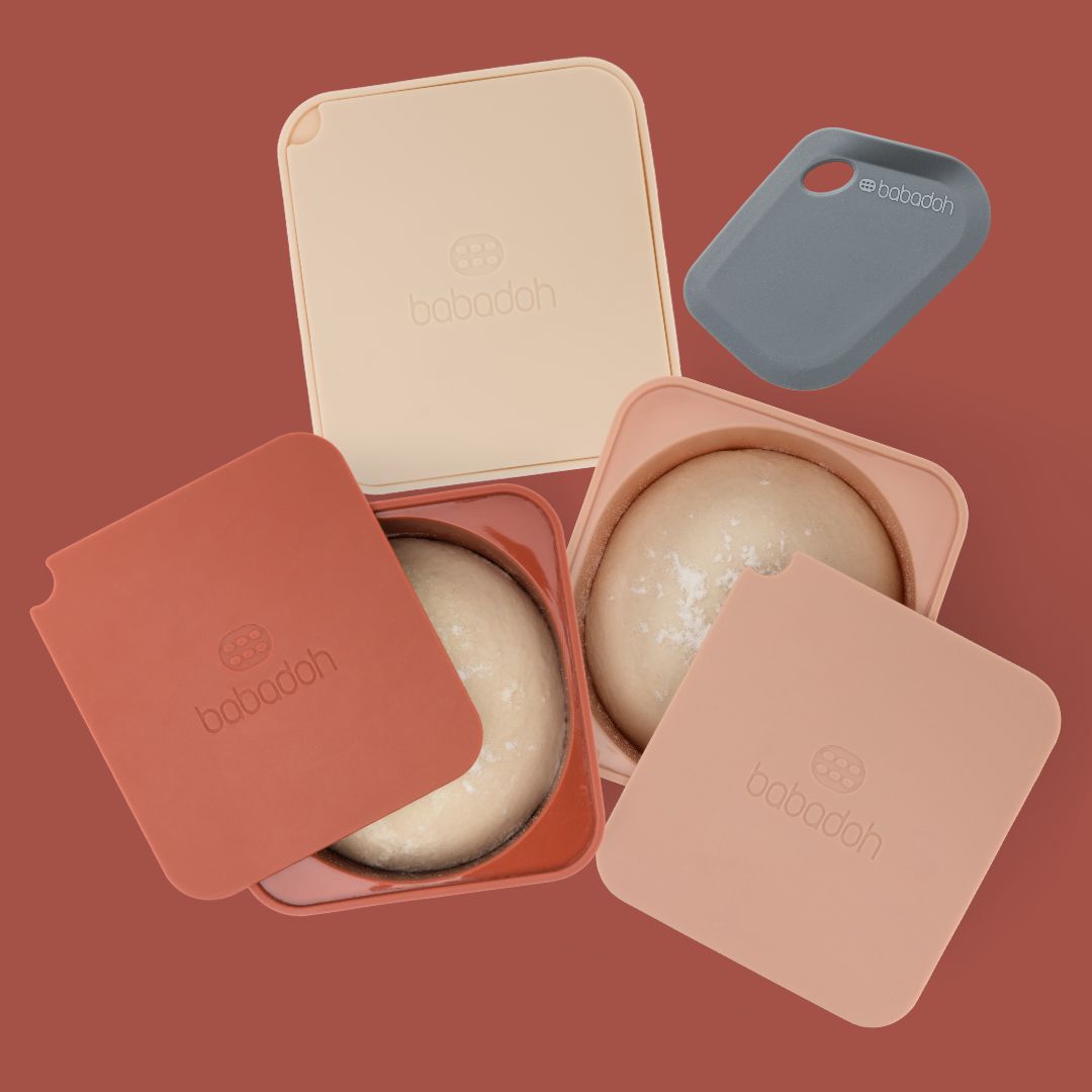 A 3-pack of Babadoh Dough Proofing Containers plus a Dough Scraper